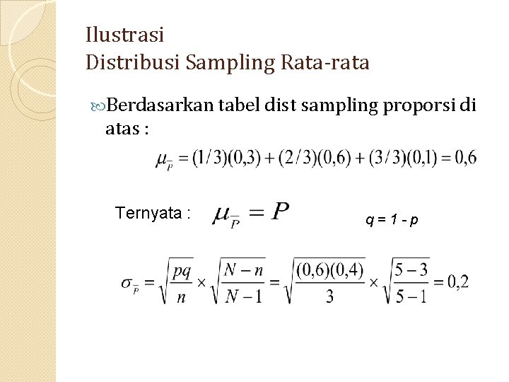 Ilustrasi Distribusi Sampling Rata-rata Berdasarkan tabel dist sampling proporsi di atas : Ternyata :