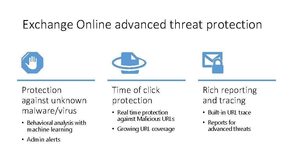 Exchange Online advanced threat protection Protection against unknown malware/virus • Behavioral analysis with machine