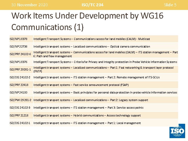 30 November 2020 ISO/TC 204 Slide 5 Work Items Under Development by WG 16