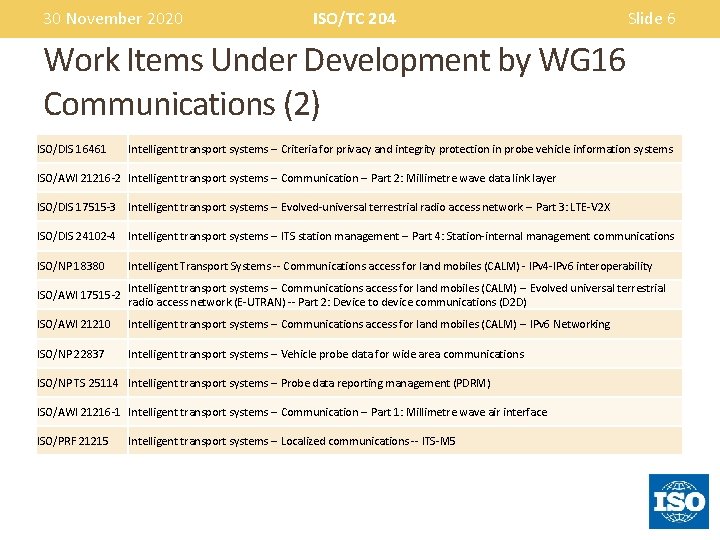 30 November 2020 ISO/TC 204 Slide 6 Work Items Under Development by WG 16