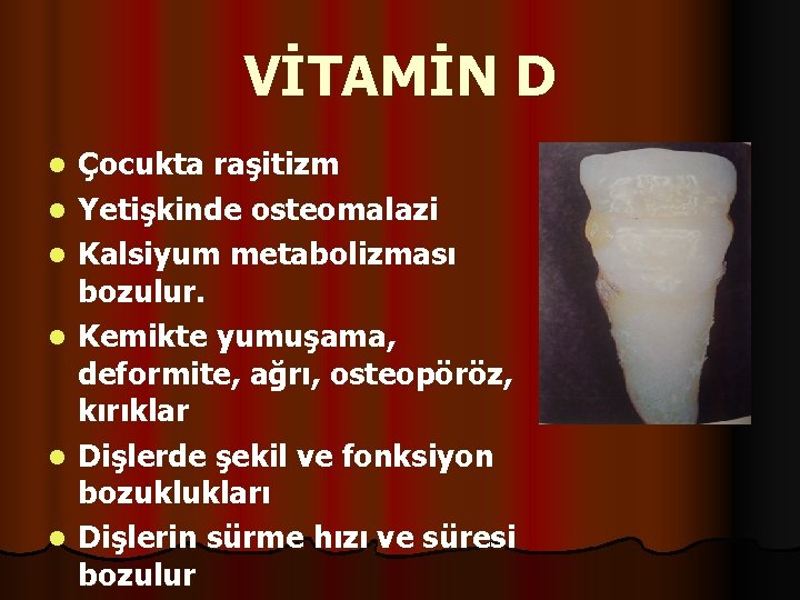 VİTAMİN D l l l Çocukta raşitizm Yetişkinde osteomalazi Kalsiyum metabolizması bozulur. Kemikte yumuşama,