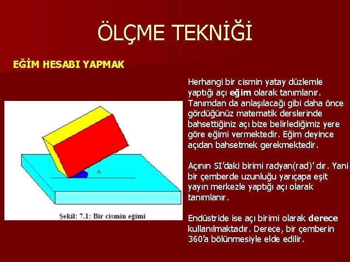 ÖLÇME TEKNİĞİ EĞİM HESABI YAPMAK Herhangi bir cismin yatay düzlemle yaptığı açı eğim olarak