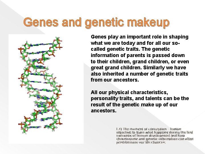 Genes and genetic makeup Genes play an important role in shaping what we are