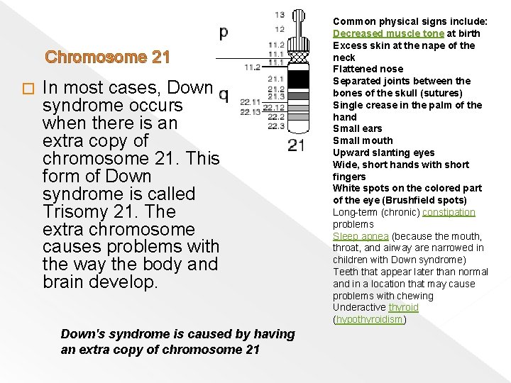 Chromosome 21 � In most cases, Down syndrome occurs when there is an extra