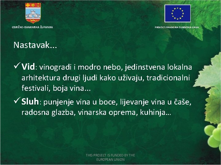 OSJEČKO-BARANJSKA ŽUPANIJA PROJEKT FINANCIRA EUROPSKA UNIJA Nastavak. . . ü Vid: vinogradi i modro