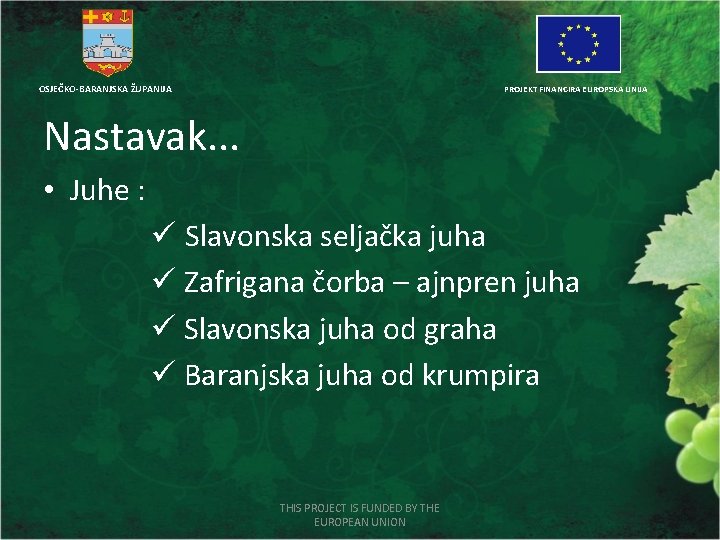 OSJEČKO-BARANJSKA ŽUPANIJA PROJEKT FINANCIRA EUROPSKA UNIJA Nastavak. . . • Juhe : ü Slavonska