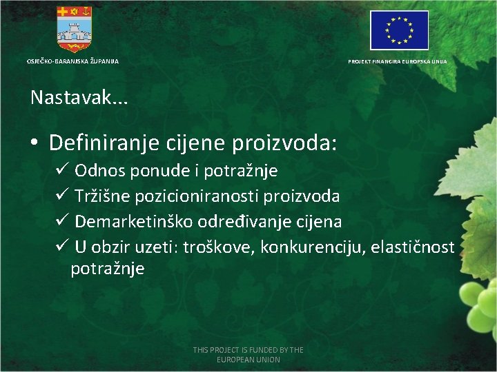 OSJEČKO-BARANJSKA ŽUPANIJA PROJEKT FINANCIRA EUROPSKA UNIJA Nastavak. . . • Definiranje cijene proizvoda: ü