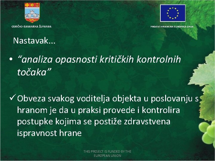 OSJEČKO-BARANJSKA ŽUPANIJA PROJEKT FINANCIRA EUROPSKA UNIJA Nastavak. . . • “analiza opasnosti kritičkih kontrolnih