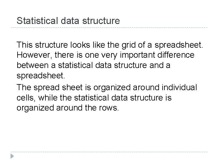 Statistical data structure This structure looks like the grid of a spreadsheet. However, there