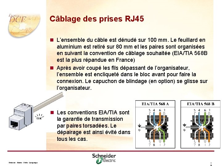 Câblage des prises RJ 45 n L’ensemble du câble est dénudé sur 100 mm.