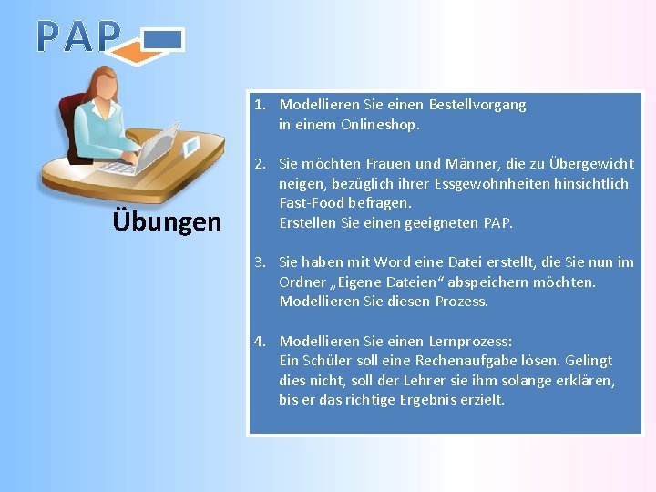 1. Modellieren Sie einen Bestellvorgang in einem Onlineshop. Übungen 2. Sie möchten Frauen und