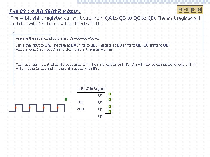 Lab 09 : 4 -Bit Shift Register : The 4 -bit shift register can