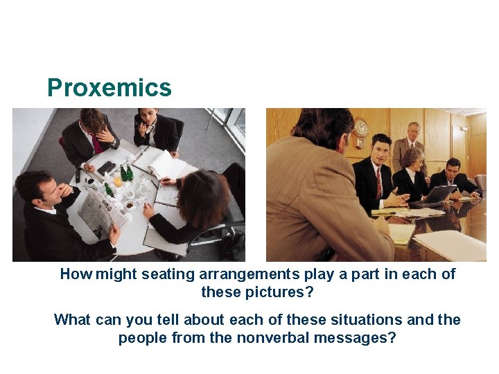 Proxemics How might seating arrangements play a part in each of these pictures? What