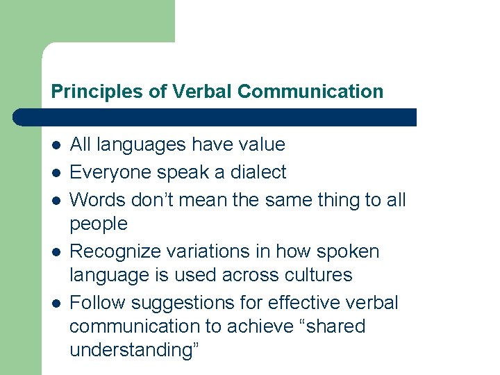 Principles of Verbal Communication l l l All languages have value Everyone speak a