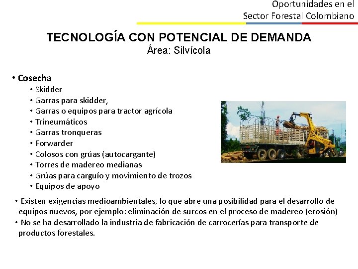 Oportunidades en el Sector Forestal Colombiano TECNOLOGÍA CON POTENCIAL DE DEMANDA Área: Silvícola •
