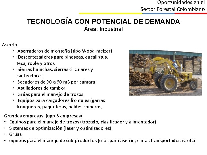 Oportunidades en el Sector Forestal Colombiano TECNOLOGÍA CON POTENCIAL DE DEMANDA Área: Industrial Aserrío