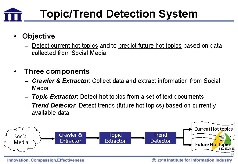 Topic/Trend Detection System • Objective – Detect current hot topics and to predict future