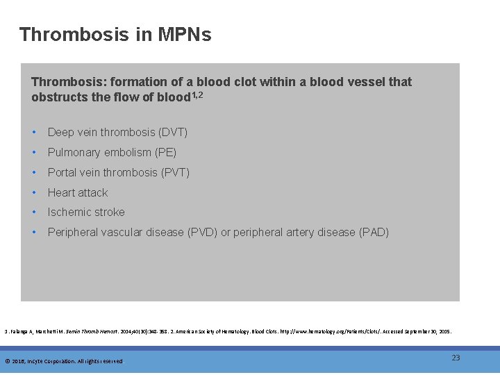 Thrombosis in MPNs Thrombosis: formation of a blood clot within a blood vessel that