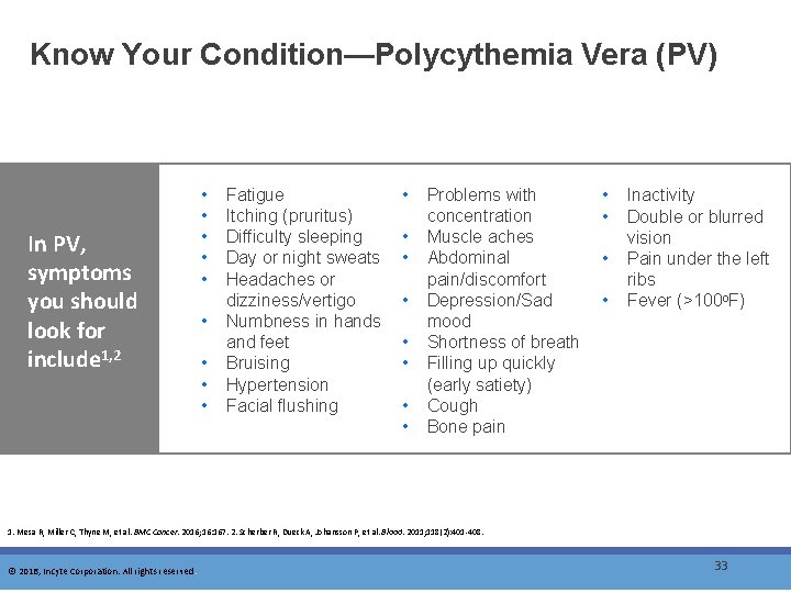 Know Your Condition—Polycythemia Vera (PV) In PV, symptoms you should look for include 1,
