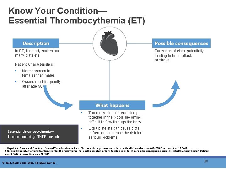 Know Your Condition— Essential Thrombocythemia (ET) Description Possible consequences In ET, the body makes