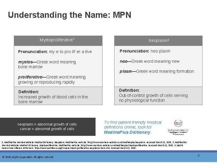 Understanding the Name: MPN Myeloproliferative 1 Neoplasm 2 Pronunciation: my·e·lo·pro·lif·er·a·tive Pronunciation: neo·plasm myelos—Greek word