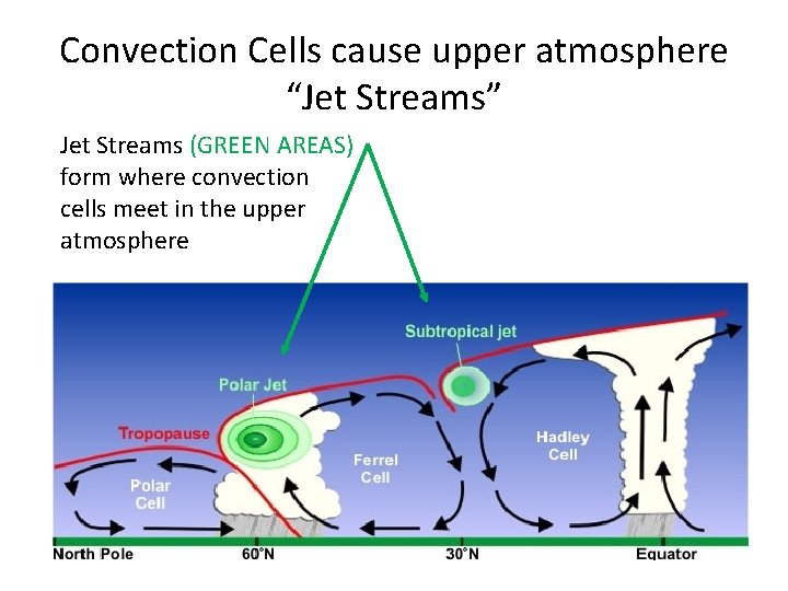 Convection Cells cause upper atmosphere “Jet Streams” Jet Streams (GREEN AREAS) form where convection