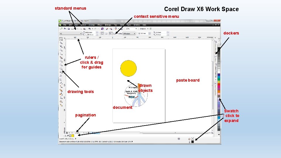 Corel Draw X 6 Work Space standard menus context sensitive menu dockers rulers /