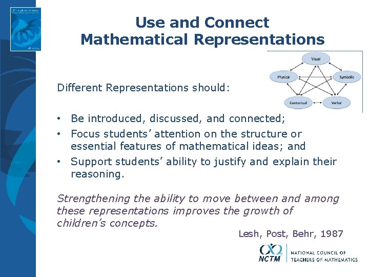 Use and Connect Mathematical Representations Different Representations should: • Be introduced, discussed, and connected;