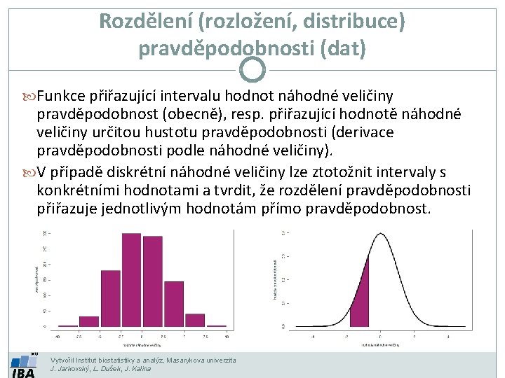 Rozdělení (rozložení, distribuce) pravděpodobnosti (dat) Funkce přiřazující intervalu hodnot náhodné veličiny pravděpodobnost (obecně), resp.