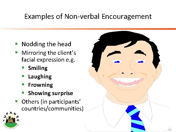 Examples of Non-verbal Encouragement § Nodding the head § Mirroring the client’s facial expression