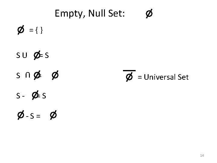 Empty, Null Set: ={} SU S- U S =S = = Universal Set =S