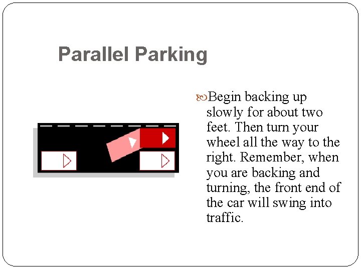 Parallel Parking Begin backing up slowly for about two feet. Then turn your wheel