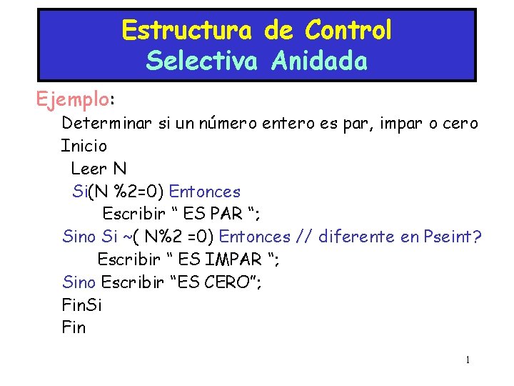 Estructura de Control Selectiva Anidada Ejemplo: Determinar si un número entero es par, impar