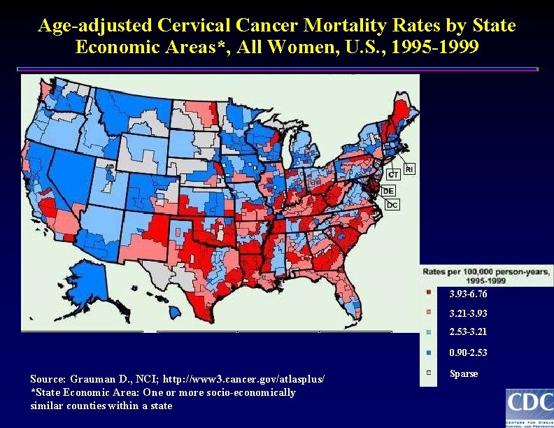 Age-adjusted Cervical Cancer Mortality Rates by State Economic Areas*, All Women, U. S. ,