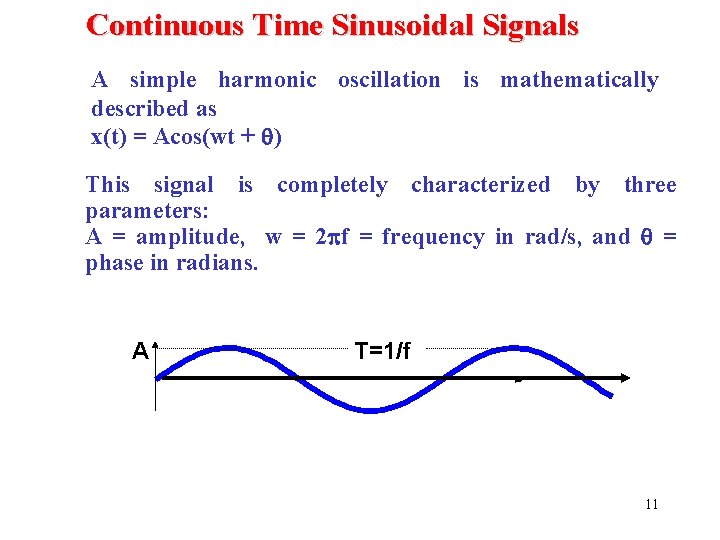 Continuous Time Sinusoidal Signals A simple harmonic oscillation is mathematically described as x(t) =