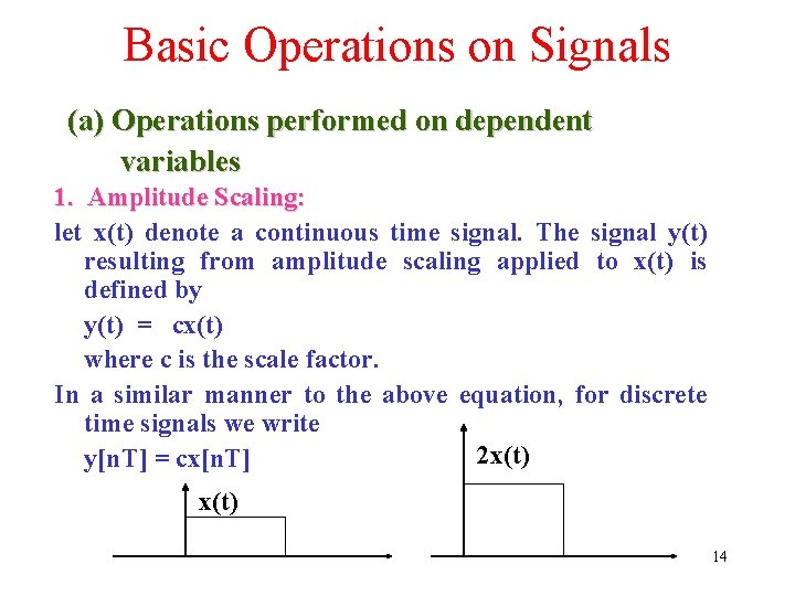 Basic Operations on Signals (a) Operations performed on dependent variables 1. Amplitude Scaling: let