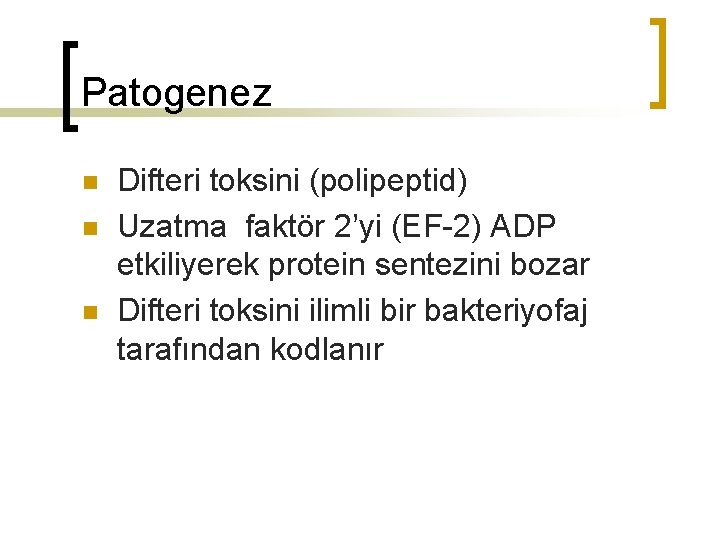 Patogenez n n n Difteri toksini (polipeptid) Uzatma faktör 2’yi (EF-2) ADP etkiliyerek protein