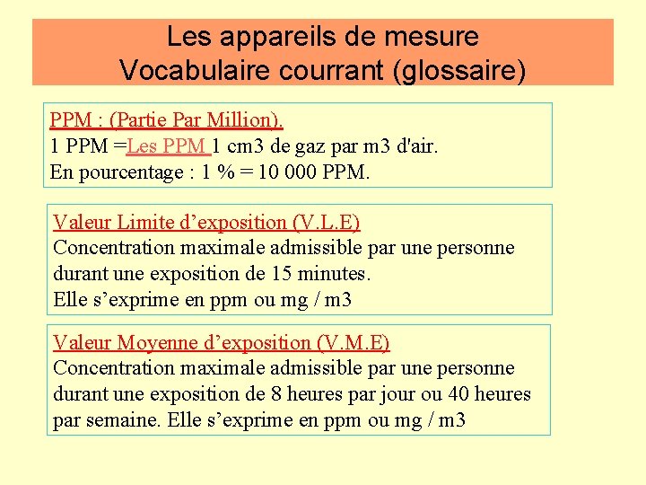 Les appareils de mesure Vocabulaire courrant (glossaire) PPM : (Partie Par Million). 1 PPM