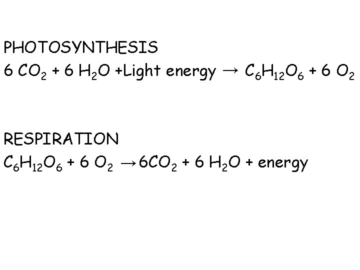 PHOTOSYNTHESIS 6 CO 2 + 6 H 2 O +Light energy → C 6