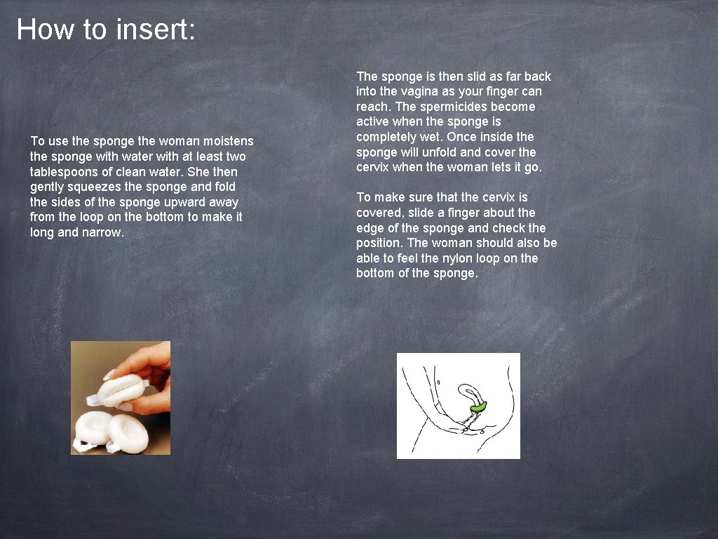 How to insert: To use the sponge the woman moistens the sponge with water