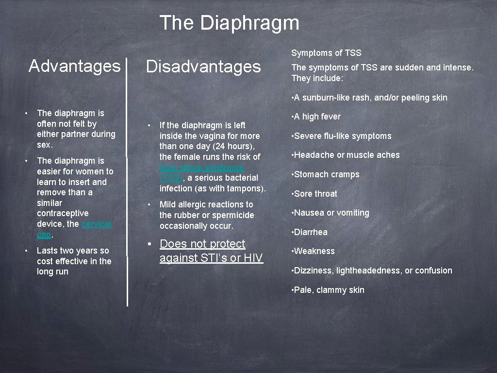 The Diaphragm Advantages Disadvantages Symptoms of TSS The symptoms of TSS are sudden and