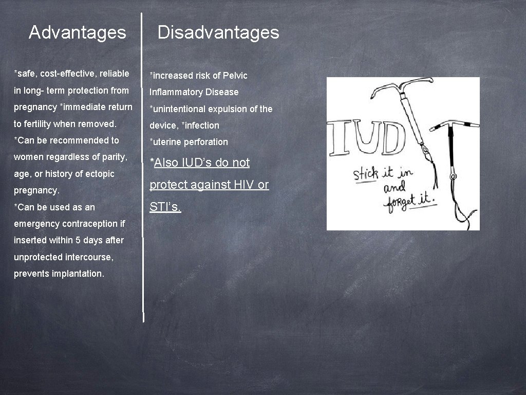Advantages Disadvantages *safe, cost-effective, reliable *increased risk of Pelvic in long- term protection from