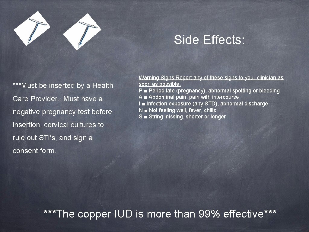 Side Effects: ***Must be inserted by a Health Care Provider. Must have a negative