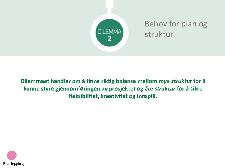 Behov for plan og struktur Dilemmaet handler om å finne riktig balanse mellom mye