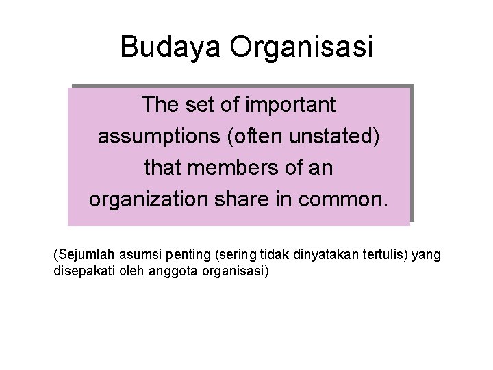 Budaya Organisasi The set of important assumptions (often unstated) that members of an organization