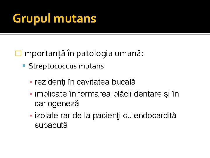Grupul mutans �Importanţă în patologia umană: Streptococcus mutans ▪ rezidenţi în cavitatea bucală ▪