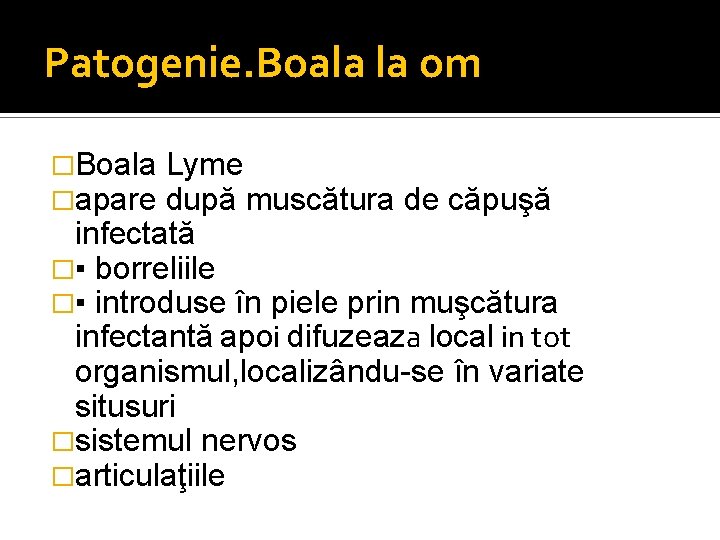 Patogenie. Boala la om �Boala �apare Lyme după muscătura de căpuşă infectată �▪ borreliile