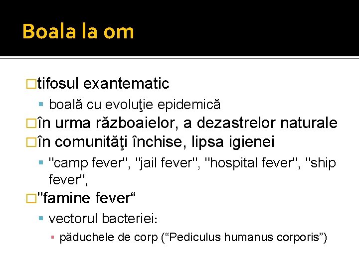 Boala la om �tifosul exantematic boală cu evoluţie epidemică �în urma războaielor, a dezastrelor