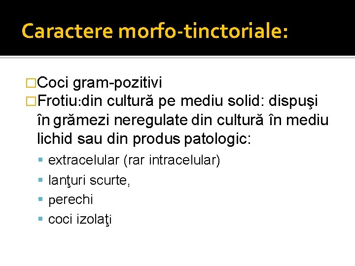 Caractere morfo-tinctoriale: �Coci gram-pozitivi �Frotiu: din cultură pe mediu solid: dispuşi în grămezi neregulate