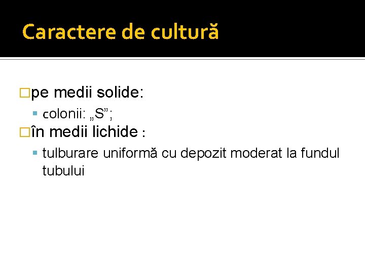 Caractere de cultură �pe medii solide: colonii: „S”; �în medii lichide : tulburare uniformă